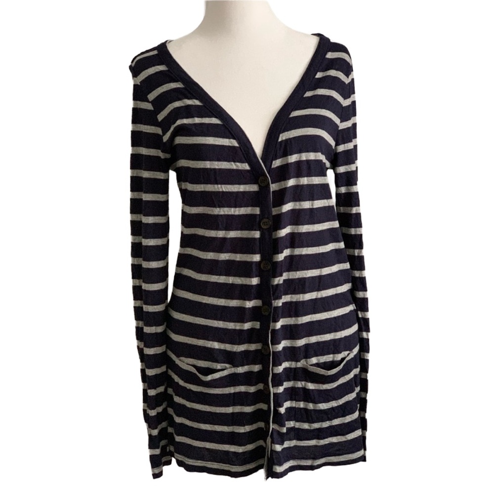 NOW Women’s Long Sleeve Button-down Tunic Cardigan w/ Navy Blue & Gray Stripes